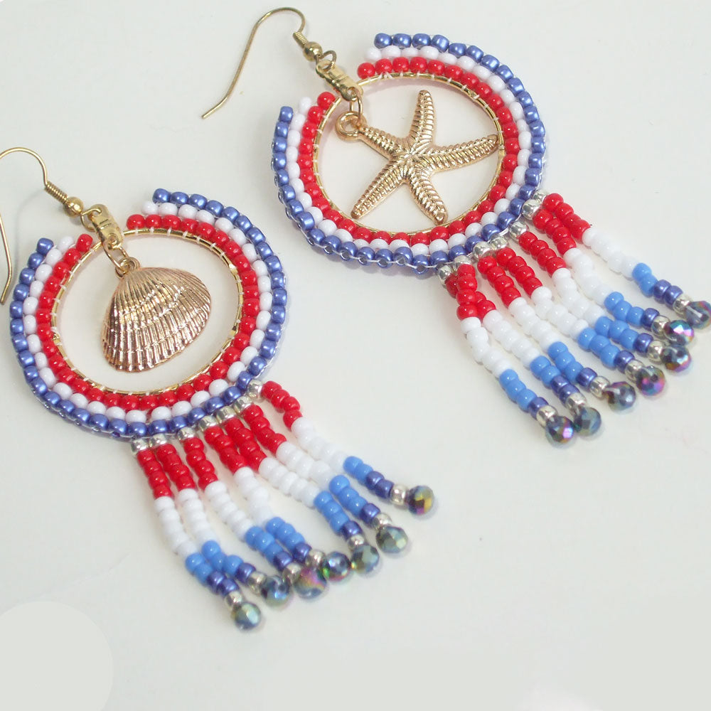 1812 *1 inch hoops seed beaded in red, white and blue seed bead brick stitch with fringe.