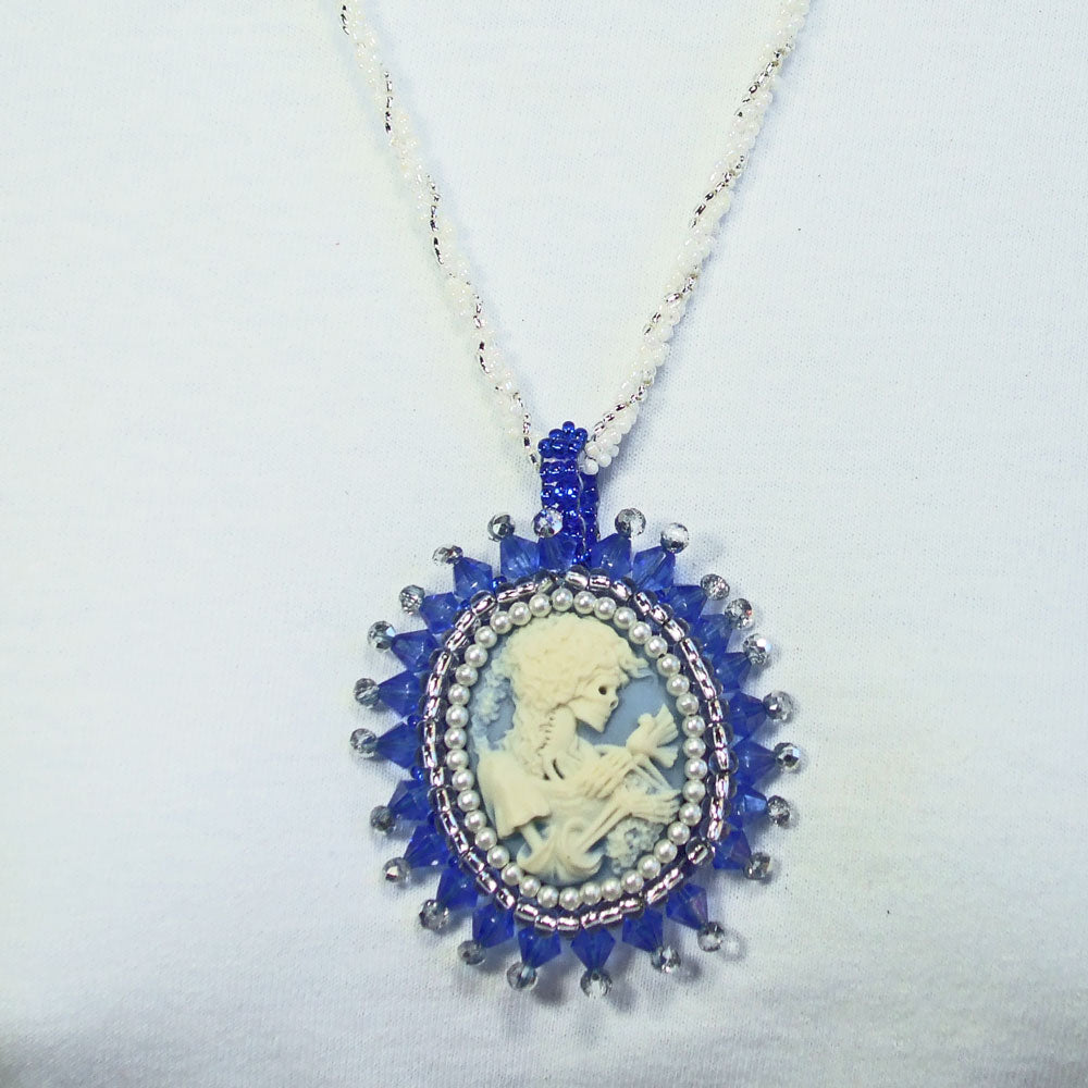 5838  *Handmade: Beaded Bezel, blue/white skeleton cameo jewelry, necklace