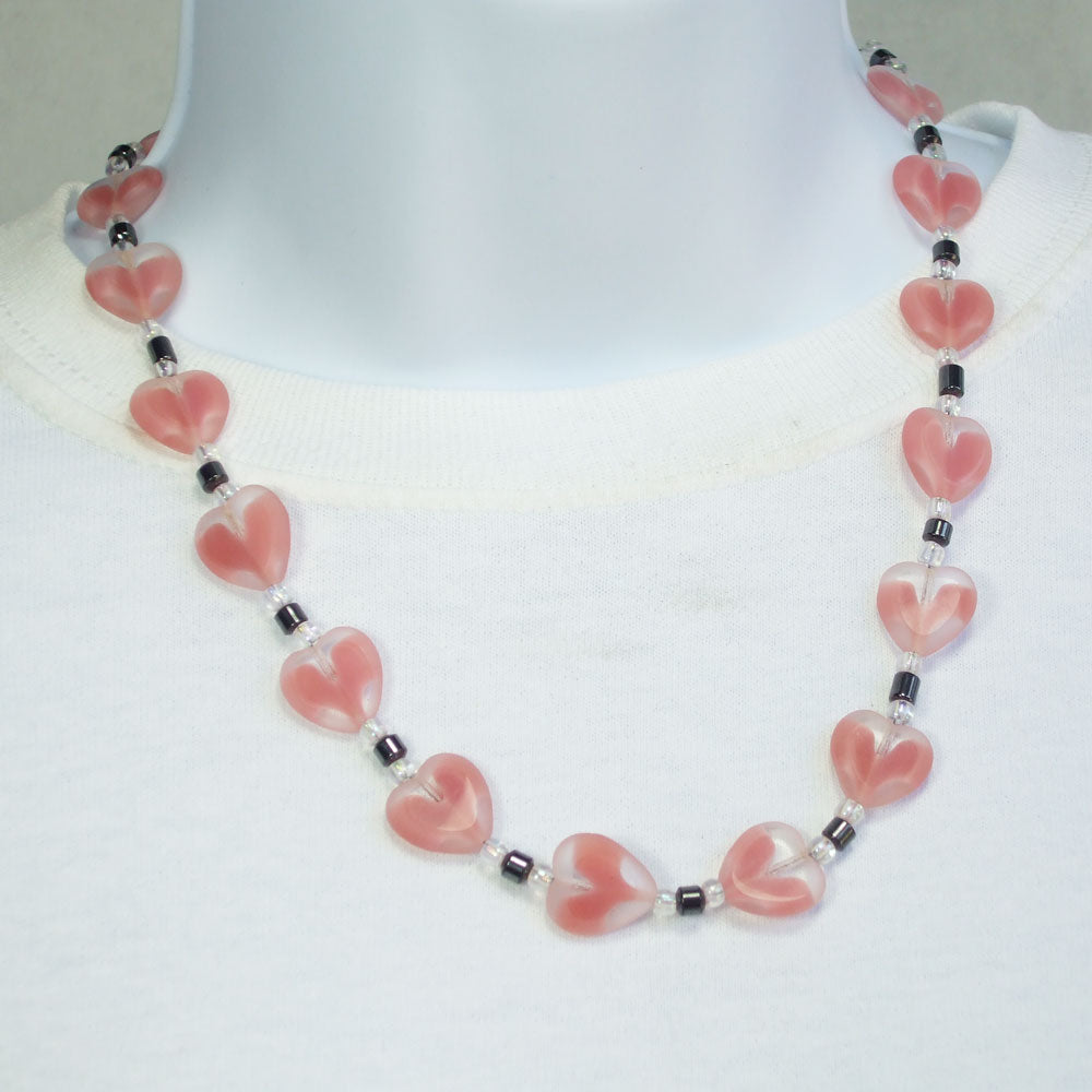 7486-18 Pink Glass Heart beads with hematite and crystal accent beads 