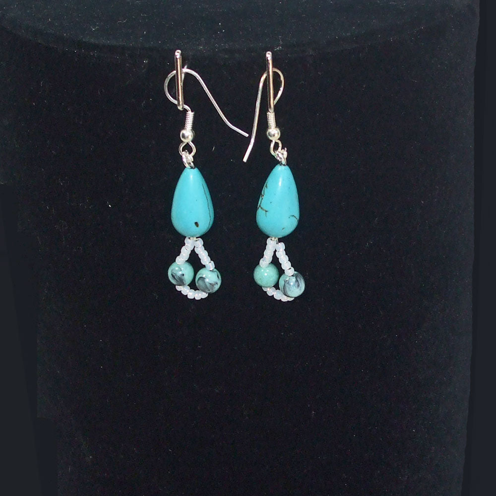 8032 *Turquoise tear drop bead with 2 bead dangle earrings.