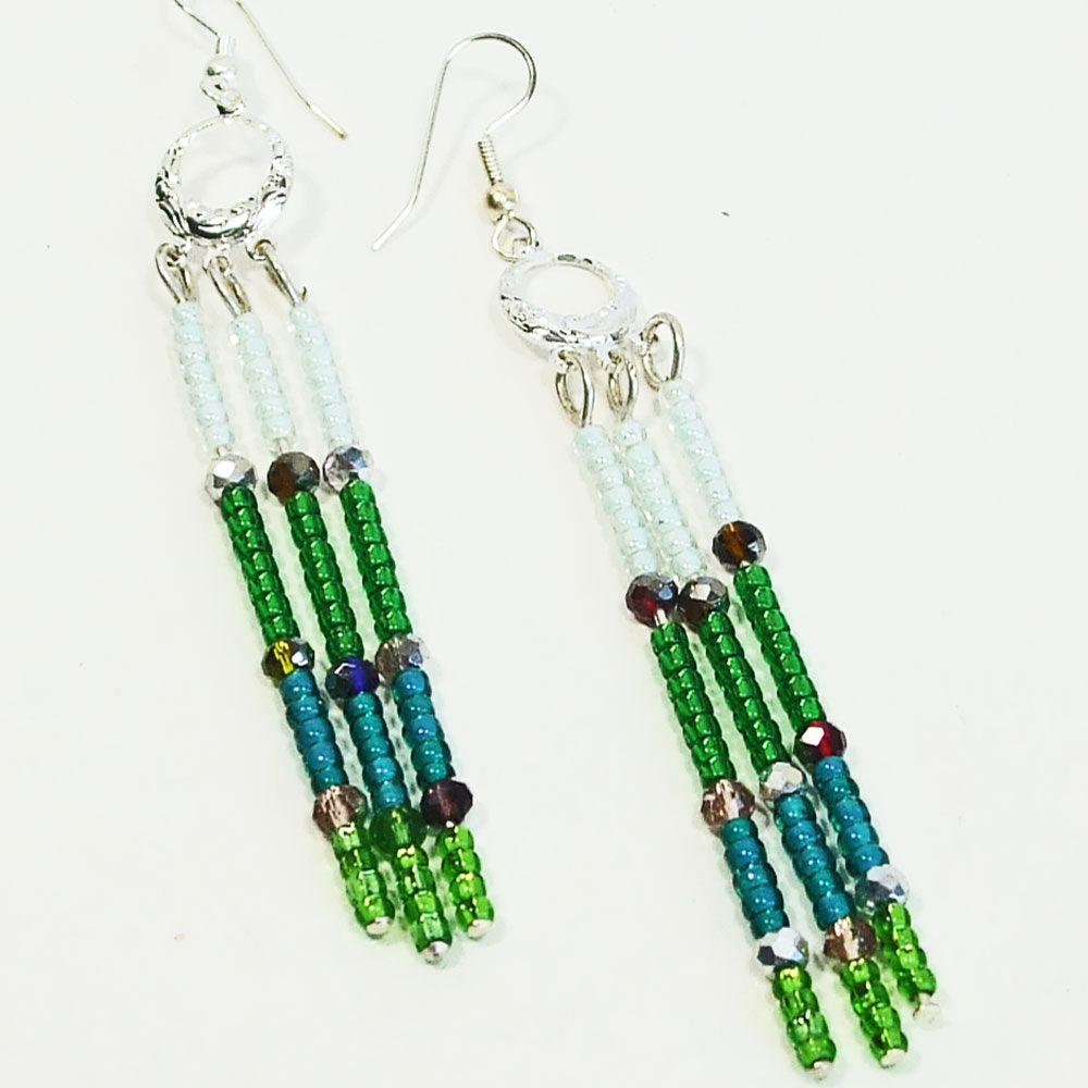 8074 *Each pair earrings, multi colored seed beads, crystal beads as spacers.