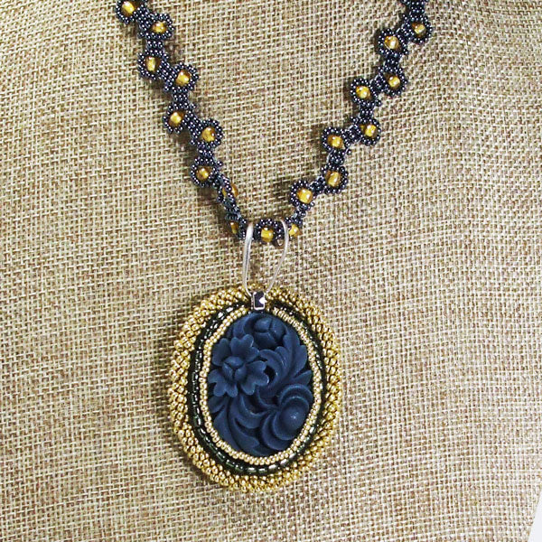 Acalia Bead Embroidery Cabochon Pendant Necklace relevant front view