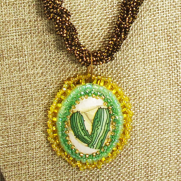 Calantha Bead Embroidery Pendant Kumihimo Necklace front bug eye view 