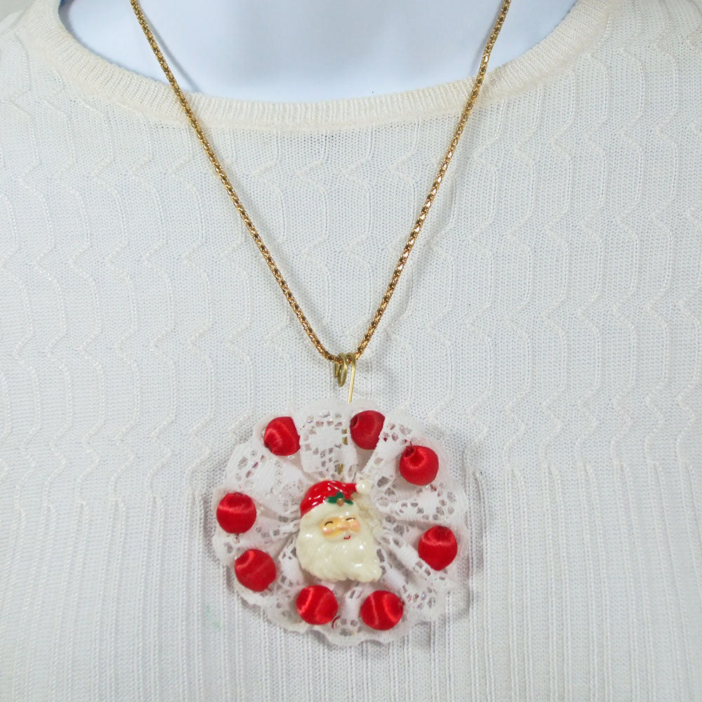 1275-22     Paola, Christmas Santa Clause Face, White Lace Brooch Pendant, Necklace