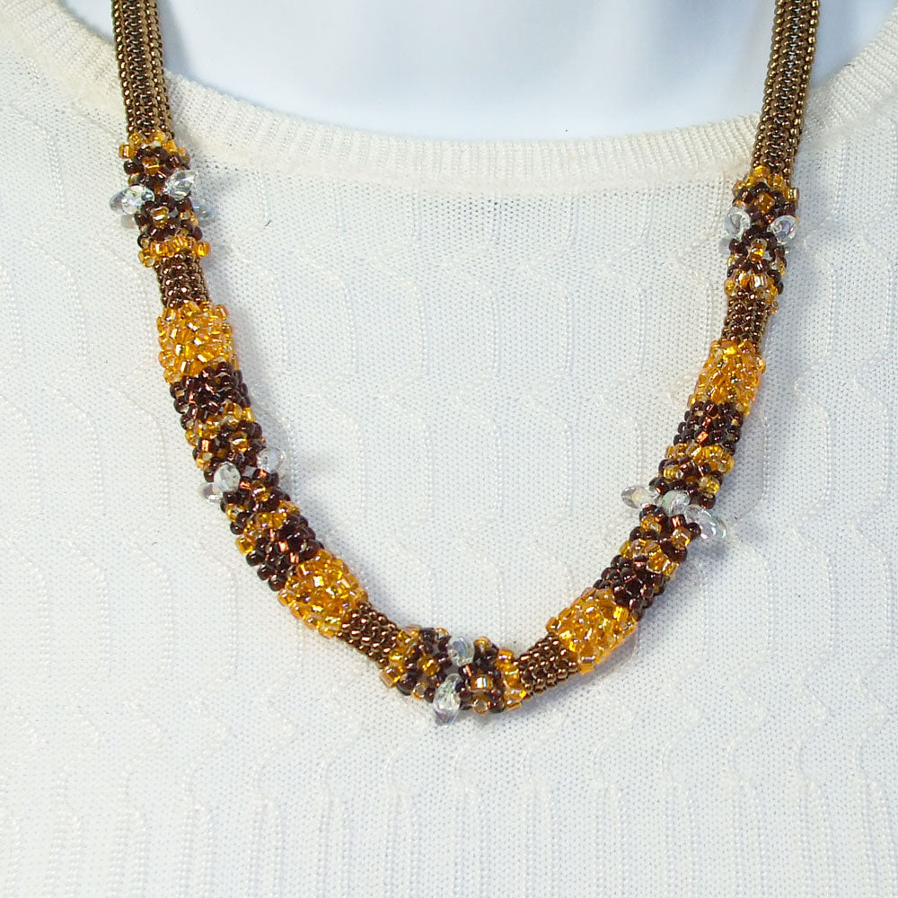 3057-23   Hausu,  Gold Beaded Bead Herringbone Stitch Seed Bead Necklace