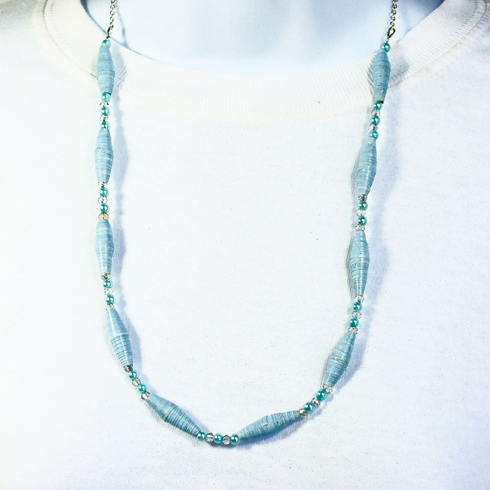 0287 *A single strand blue paper bead necklace, with blue pearl accent beads.