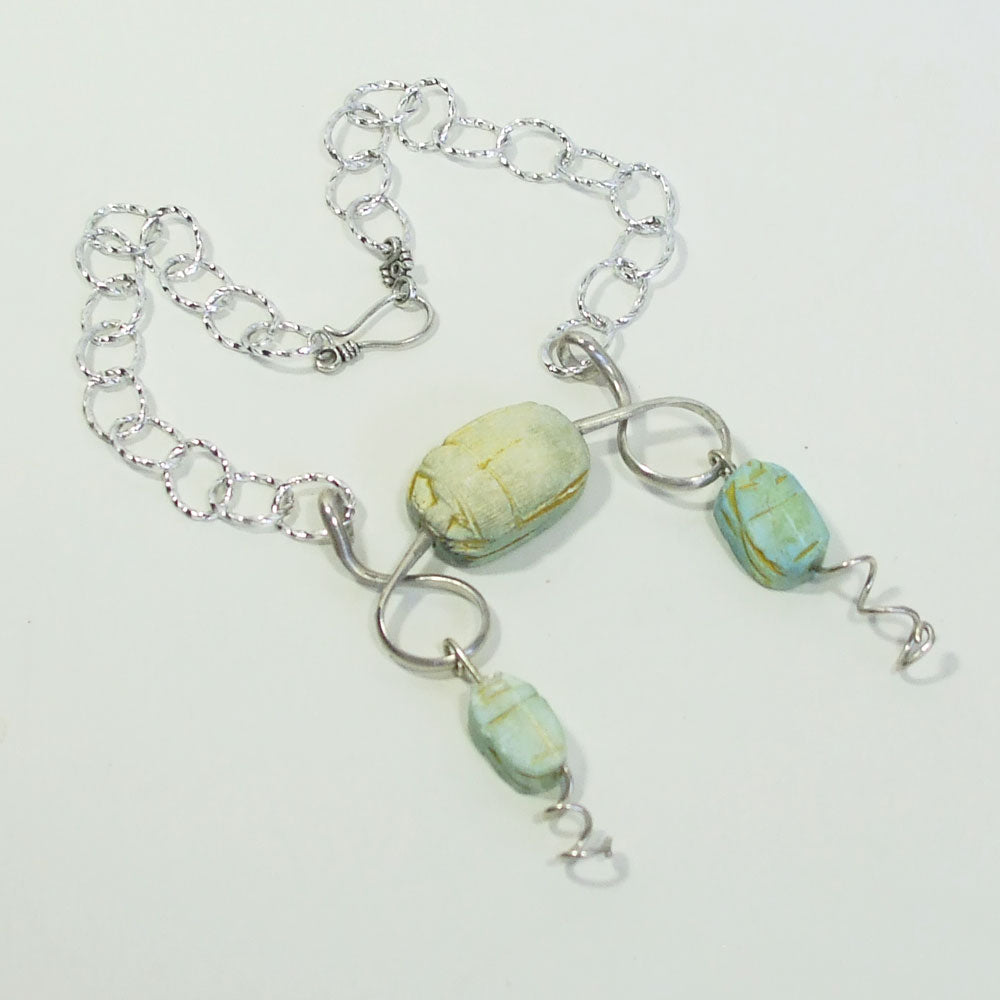 0554 Dolomite mineral, Sterling Silver Wire design, Egyptian scarab, pendant.