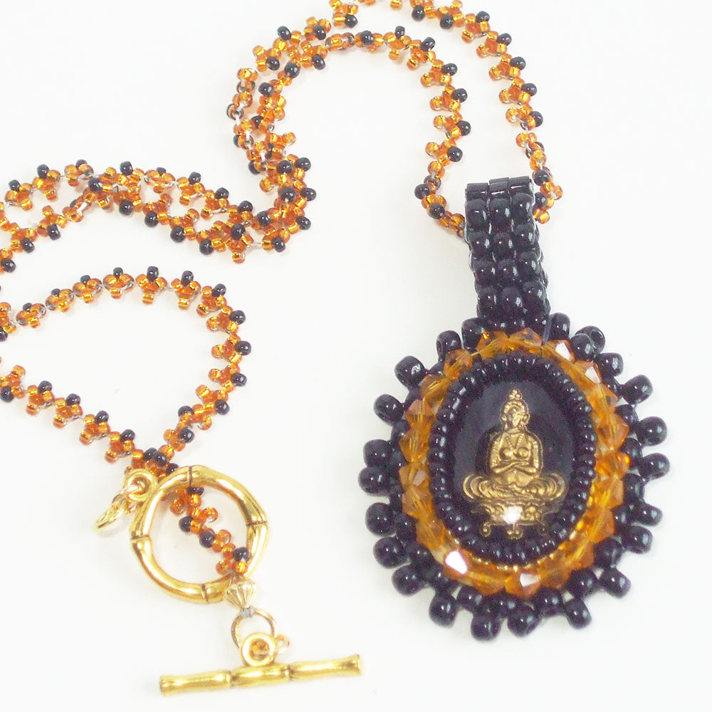 0822 *Handmade: Bead embroidery around German Intaglio cameo pendant, necklace.