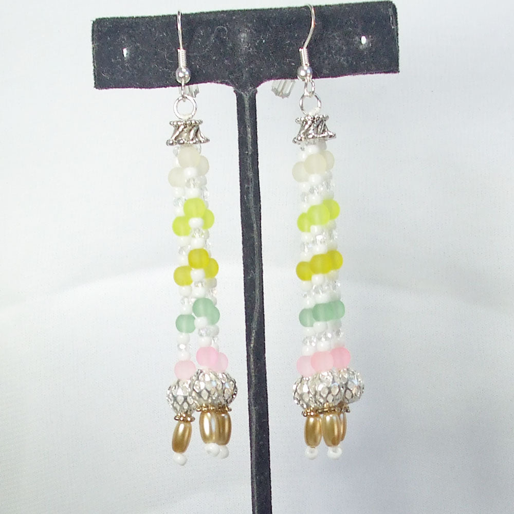 1302  Hand Crafted Earrings:  White, green, yellow, blue, pink striped. *3 tassel dangles hang from silver cone and ear wire.