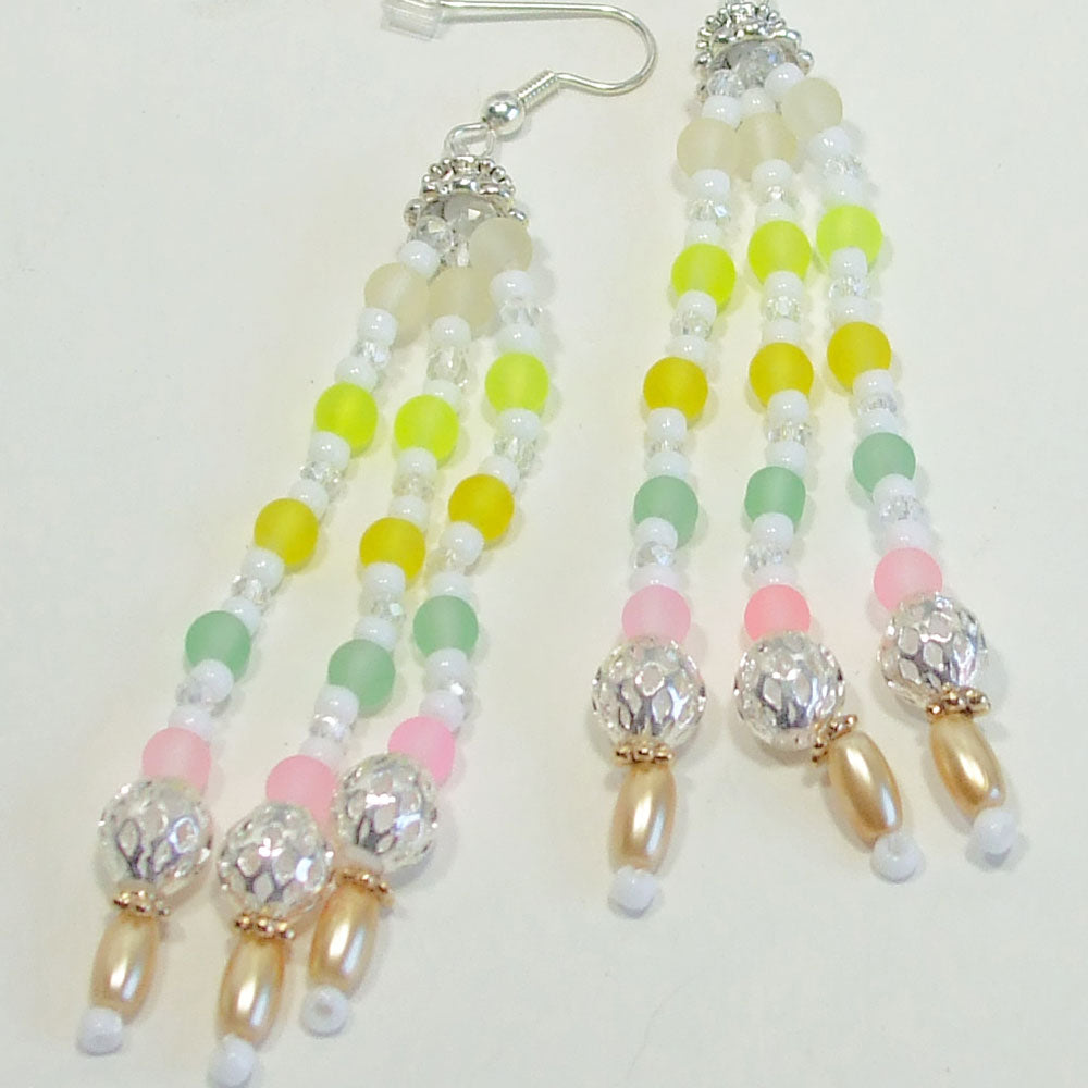 1302  Hand Crafted Earrings:  White, green, yellow, blue, pink striped. *3 tassel dangles hang from silver cone and ear wire.