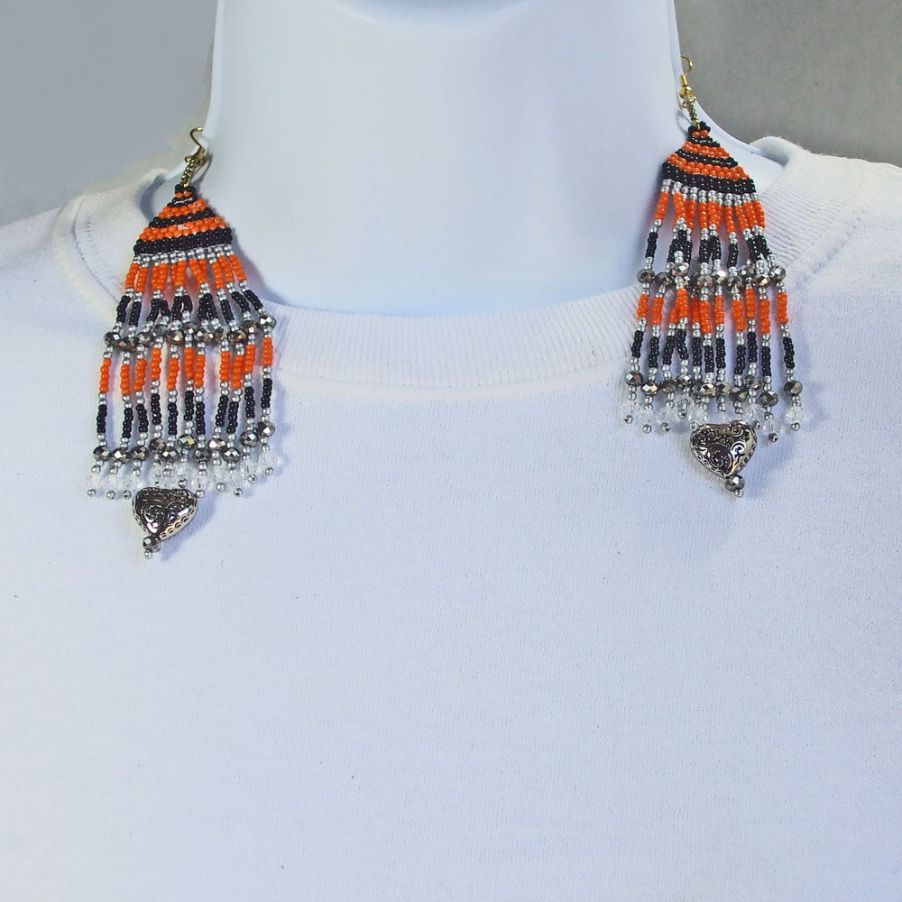 Black and orange beaded fringe dangle Halloween pattern Earrings