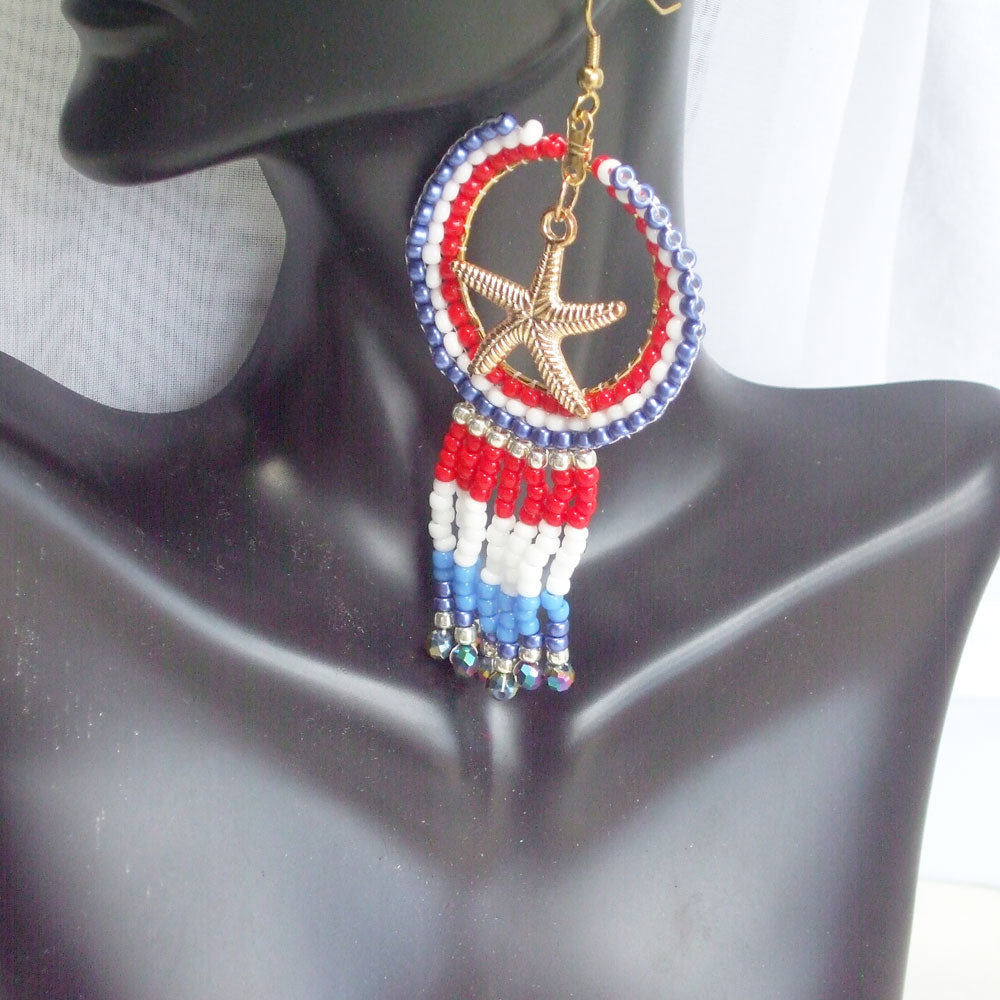1812 *1 inch hoops seed beaded in red, white and blue seed bead brick stitch with fringe.