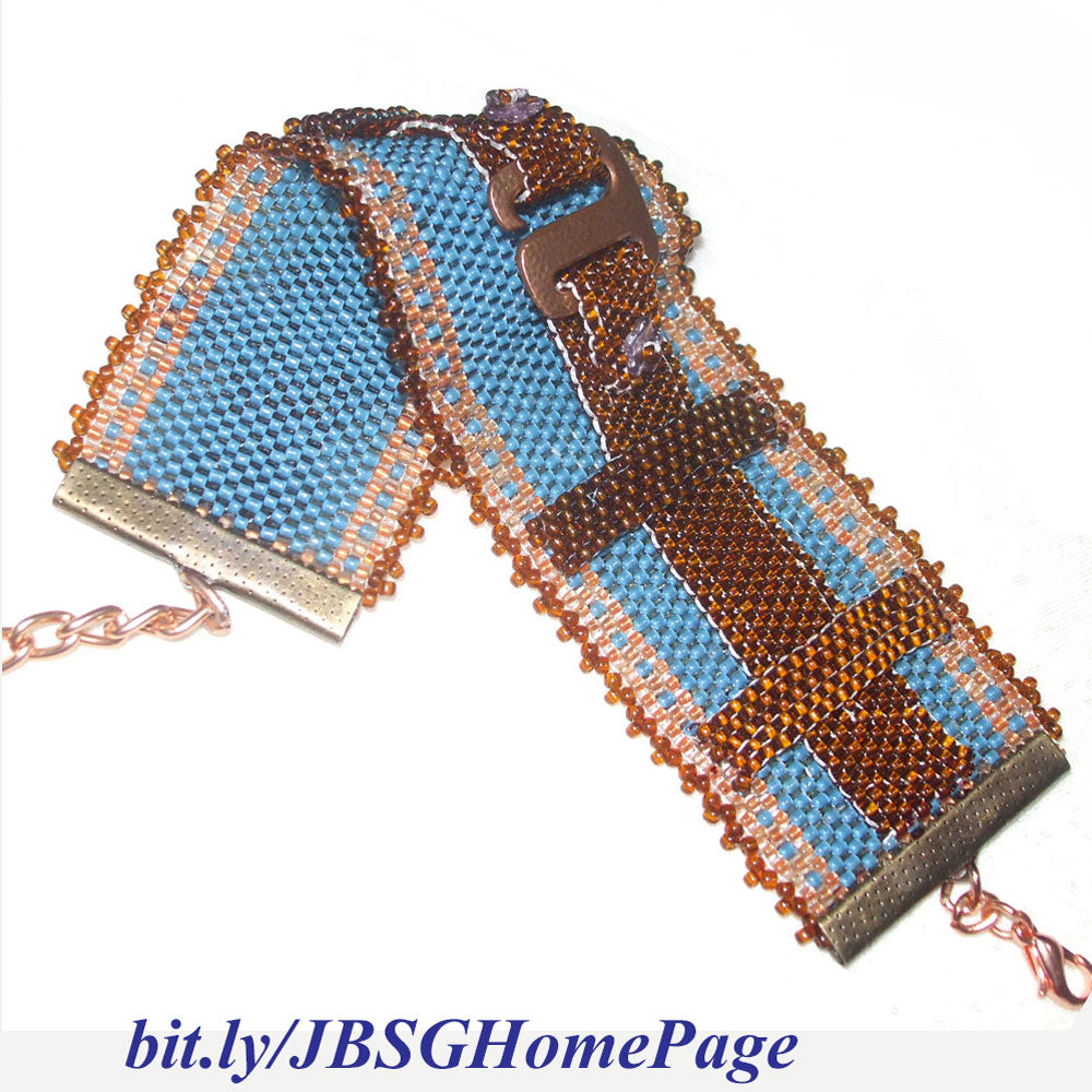 Hand Crafted, Peyote Stitch, Brown seed bead bracelet in Belt Buckle style.
Belt loops, and jean style colors create an allusion of wearing a belt buckle on your wrist.  
