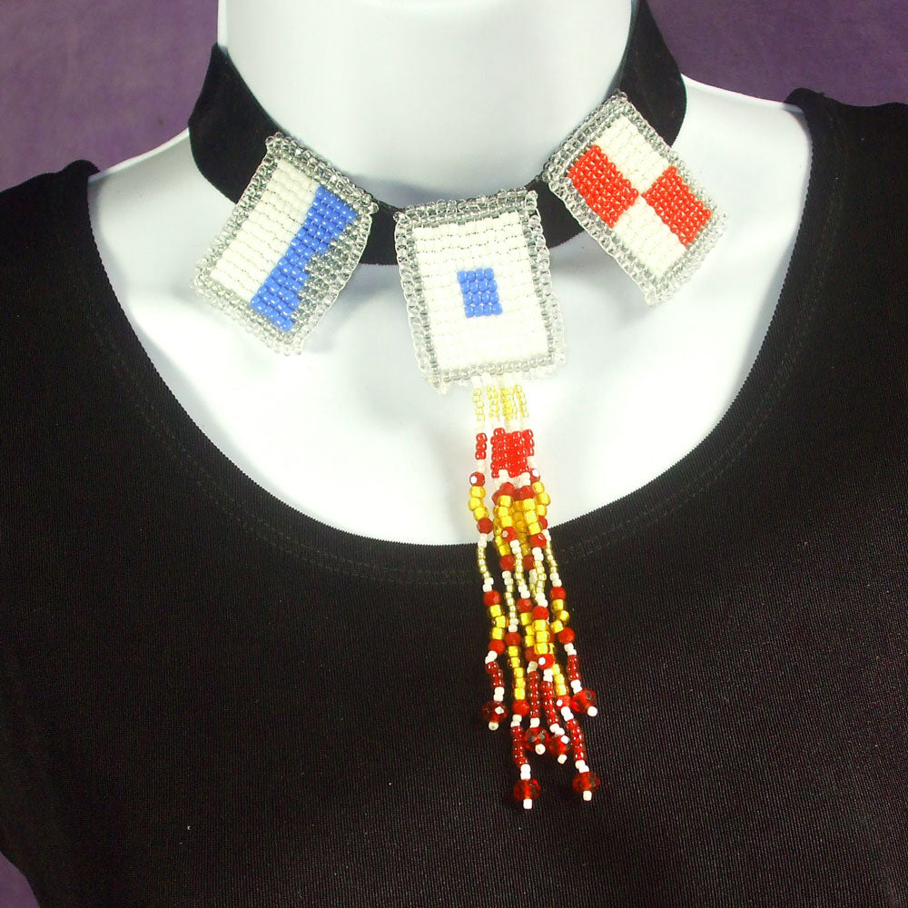 Hand Crafted Beaded Navy Flag Letters into Arizona State Univ Necklace with *Beaded Fringe dangle in school colors.   