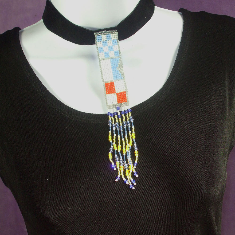 Hand Made Beaded Navy Flag Letters for Northern AZ Univ crafted into Necklace. *Fringe in school colors, blue and gold,  