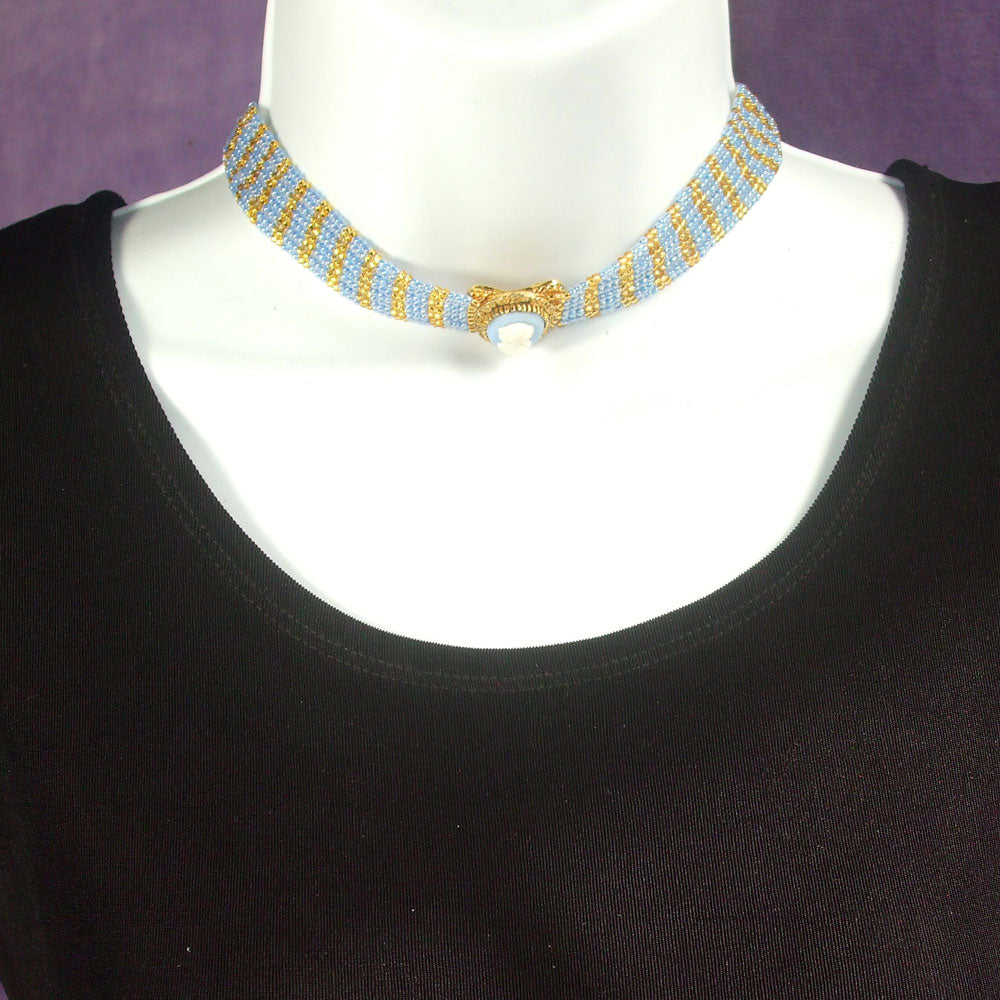 Hand Beaded Herringbone stitch choker necklace. *Blue background and white carved cameo head on gold bezel.