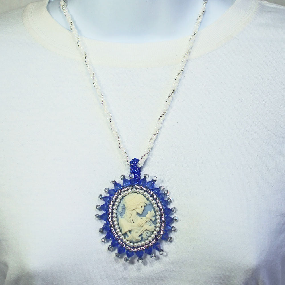 5838  *Handmade: Beaded Bezel, blue/white skeleton cameo jewelry, necklace