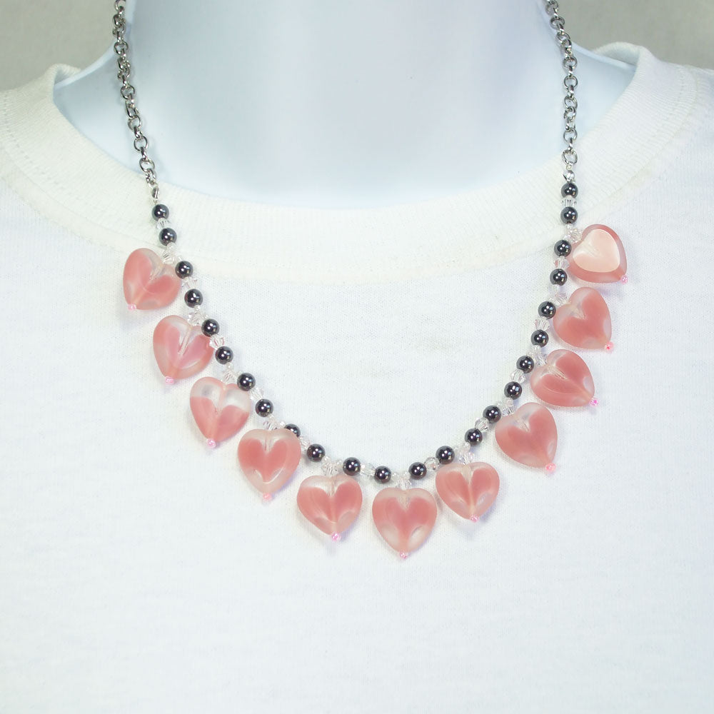 7485-Bela, Pink Glass Hearts, Single Strand, Dangle Necklace 