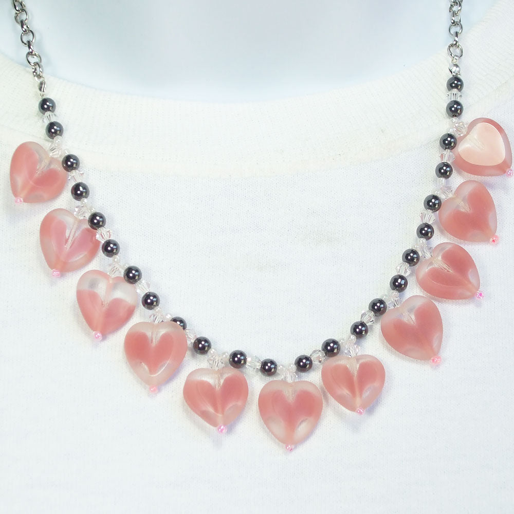 7485-Bela, Pink Glass Hearts, Single Strand, Dangle Necklace 