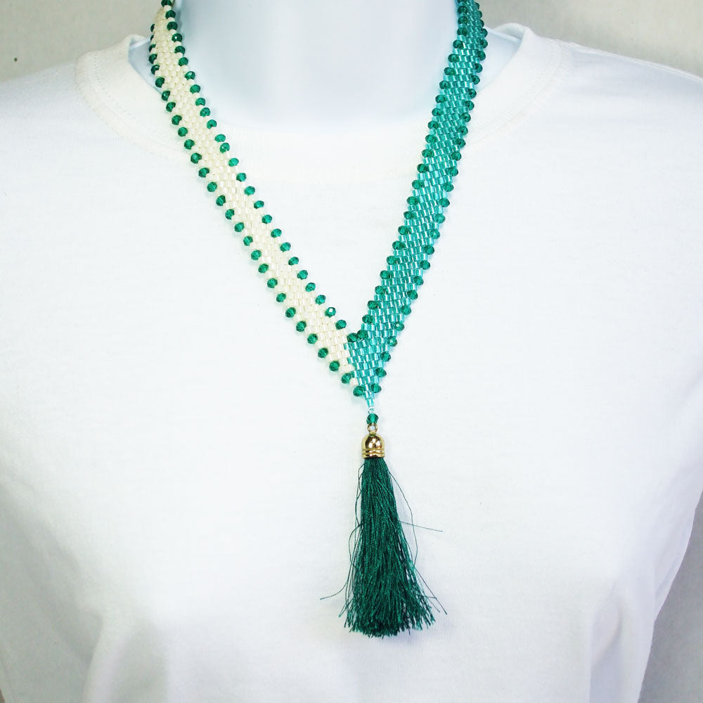 7492-Cream and Green Seed Beaded St Petersburg Stitch V-Neck Necklace. *Green thread tassel dangle at bottom.  
