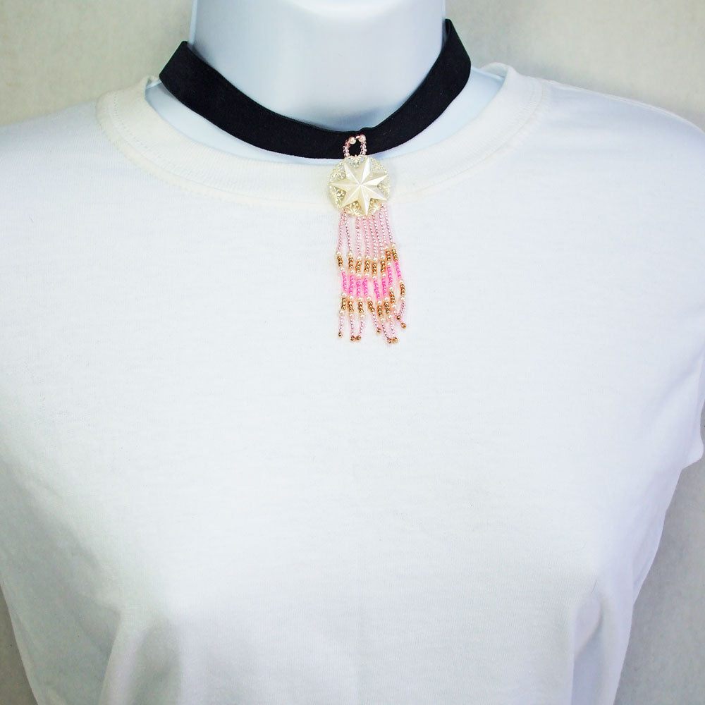 7497-Cream colored star filigree with Pink beaded fringe on  black velvet ribbon choker Necklace.   