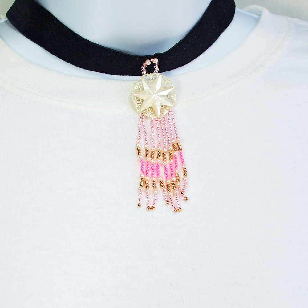 7497-Cream colored star filigree with Pink beaded fringe on  black velvet ribbon choker Necklace.   