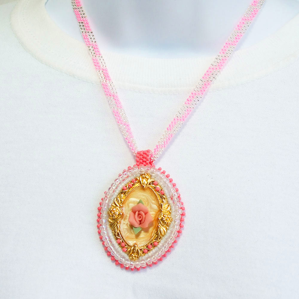7500Rose Cameo, Bead Embroidery, Pendant Necklace  