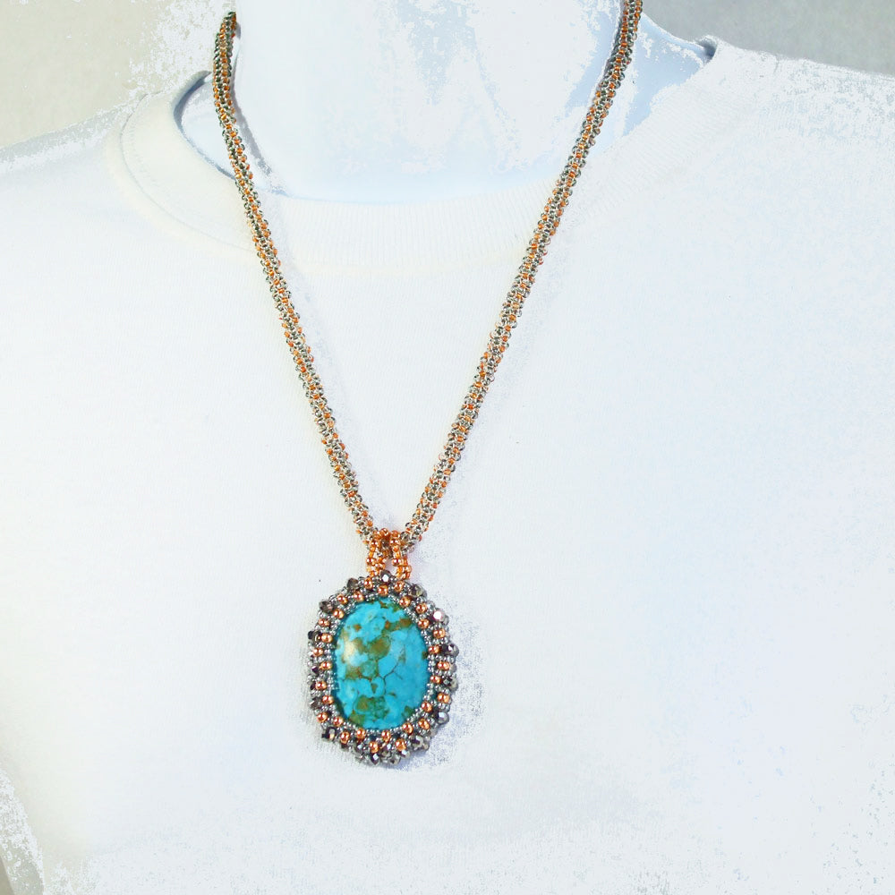 7526 *Reversible bead embroidery, Turquoise Stone Beaded Bezel.  *Copper and silver bezel beads with crystal bead accents.