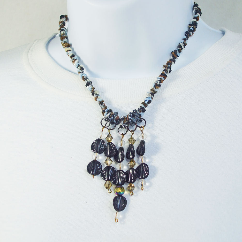 7532  Wire design, beaded Kumihimo neckwear, jewelry necklace. *5 beaded wire dangle designs from Kumihimo braided neckwear. *Black leaf bead accent.