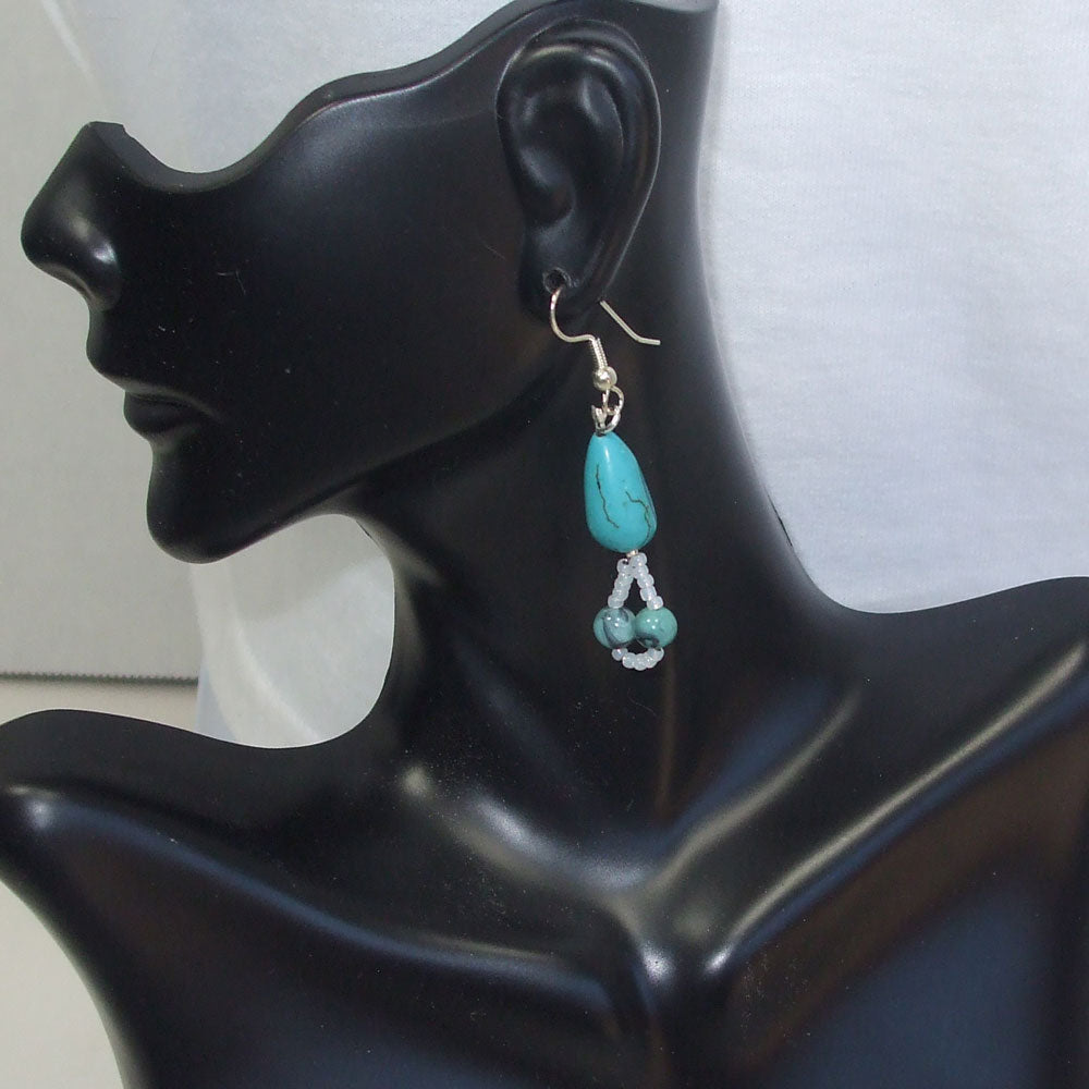 8032 *Turquoise tear drop bead with 2 bead dangle earrings.