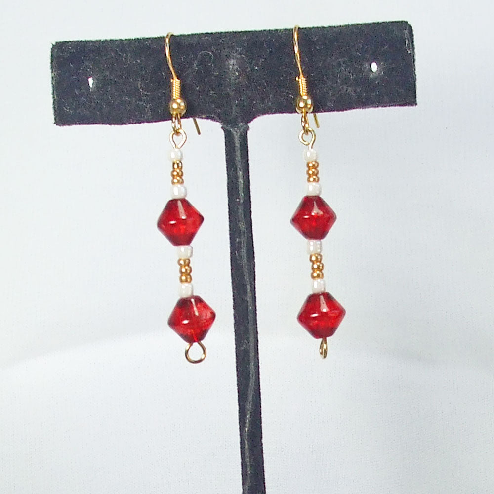 8035  *Hand crafted:  Red glass crystal beads with gold & white as accent beads. *size:  2 inch from ear wire to bottom:  Brass ear wires.