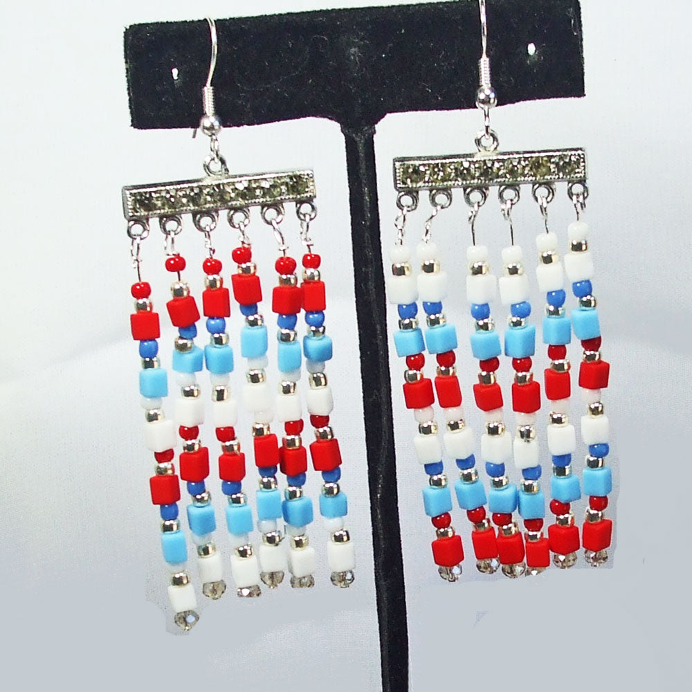 8036  *Red, Blue, and White, Dangle earrings from silver bar and silver ear wires. *size: 2 ½ inch in length from ear wire to bottom.  