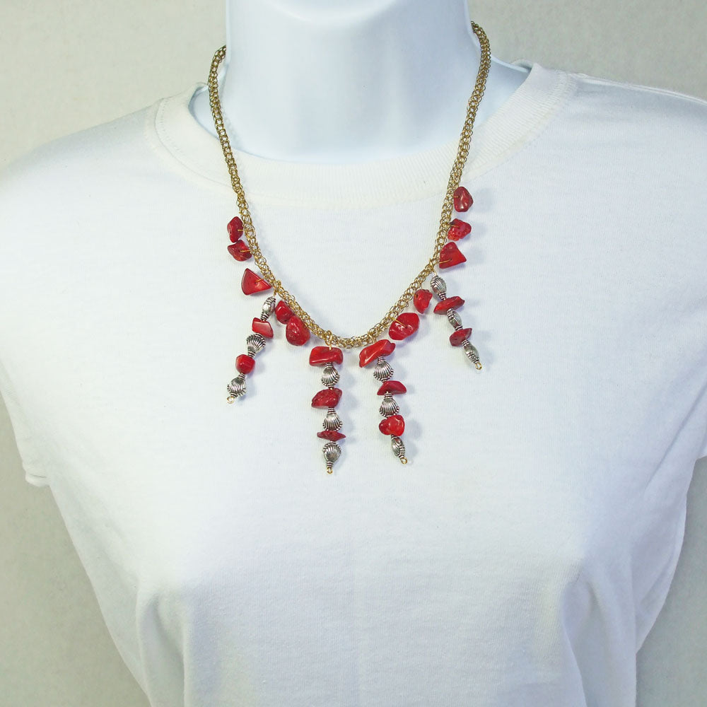 8084 *Handmade Brass Wire Viking knit, Red Bamboo Coral mineral, beaded necklace