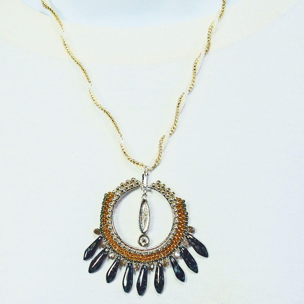 8123  *Beaded Hoop pendant with black dagger bead drops. *2 bead Herringbone neckwear.   Silver hook & eye clasp. *18 inch length around the neck.