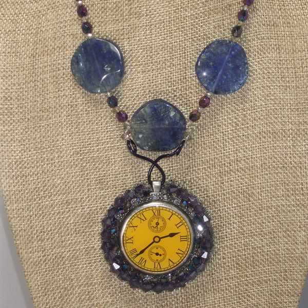 Waheeda Bead Embroidery Clock Pendant Necklace front relevant view