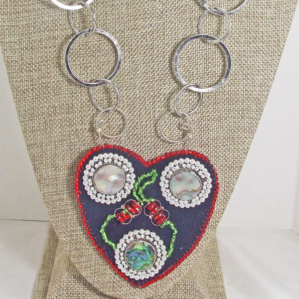 Kagami Bead Embroidery Mother-of-Pearl Pendant necklace close up view