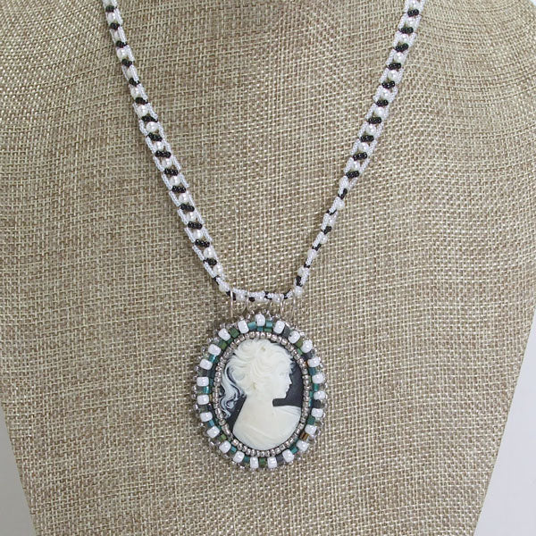 Ladanica Bead Embroidery Cameo Pendant Necklace relevant front view