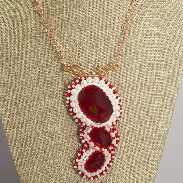 Madeira Bead Embroidery Red Pendant Necklace relevant front view