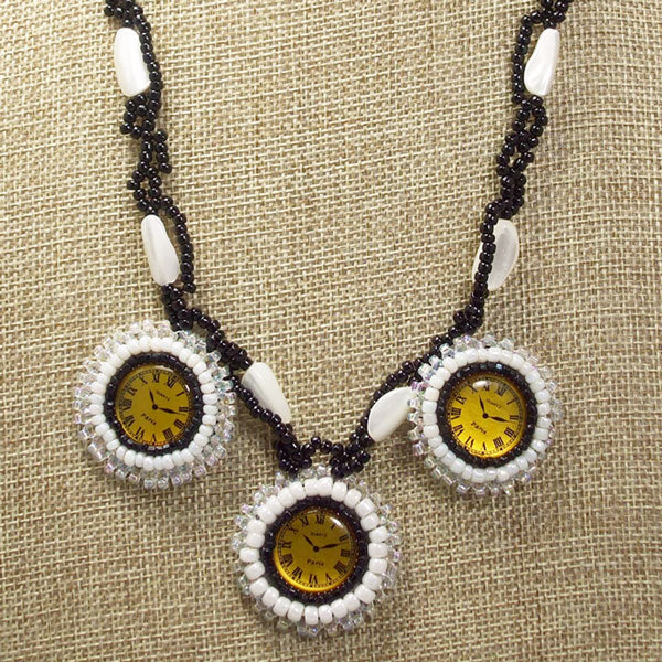 Dagoberta Bead Embroidery Clock Necklace front close view