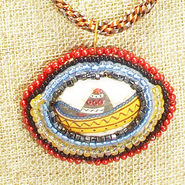 Ediltrudis Bead Embroidery Pendant Kumihimo Necklace front blow up view