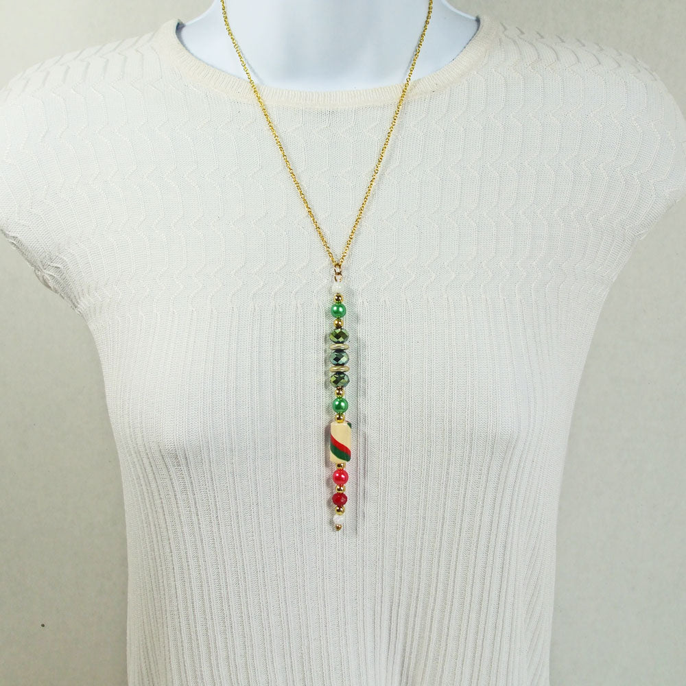 1237-Kaisa, Christmas, Red Green White, Candy Cane, Pendant, Necklace