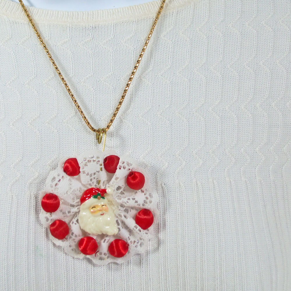 1275-22     Paola, Christmas Santa Clause Face, White Lace Brooch Pendant, Necklace