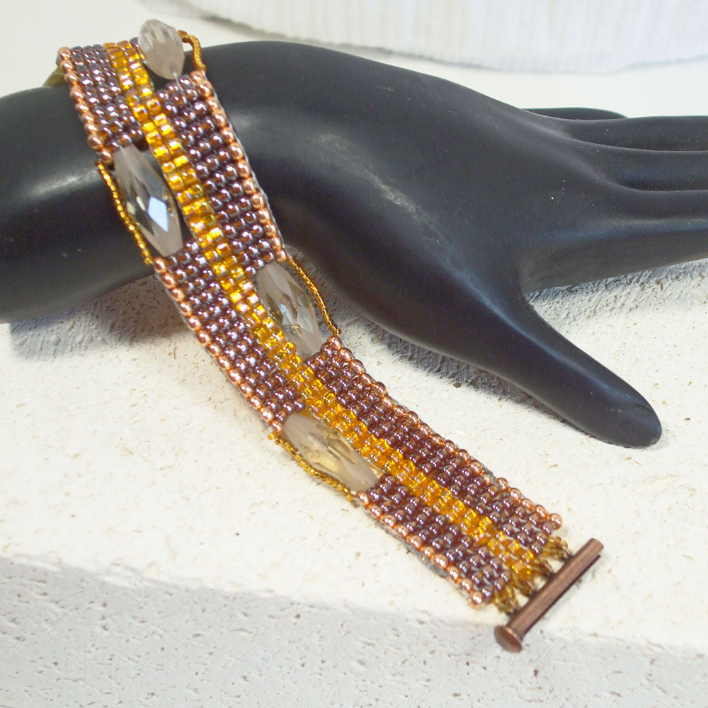 1804-23L   Dani, Brown, Gold Loom Woven Seed Bead Bracelet   