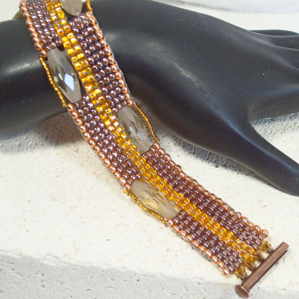 1804-23L   Dani, Brown, Gold Loom Woven Seed Bead Bracelet   