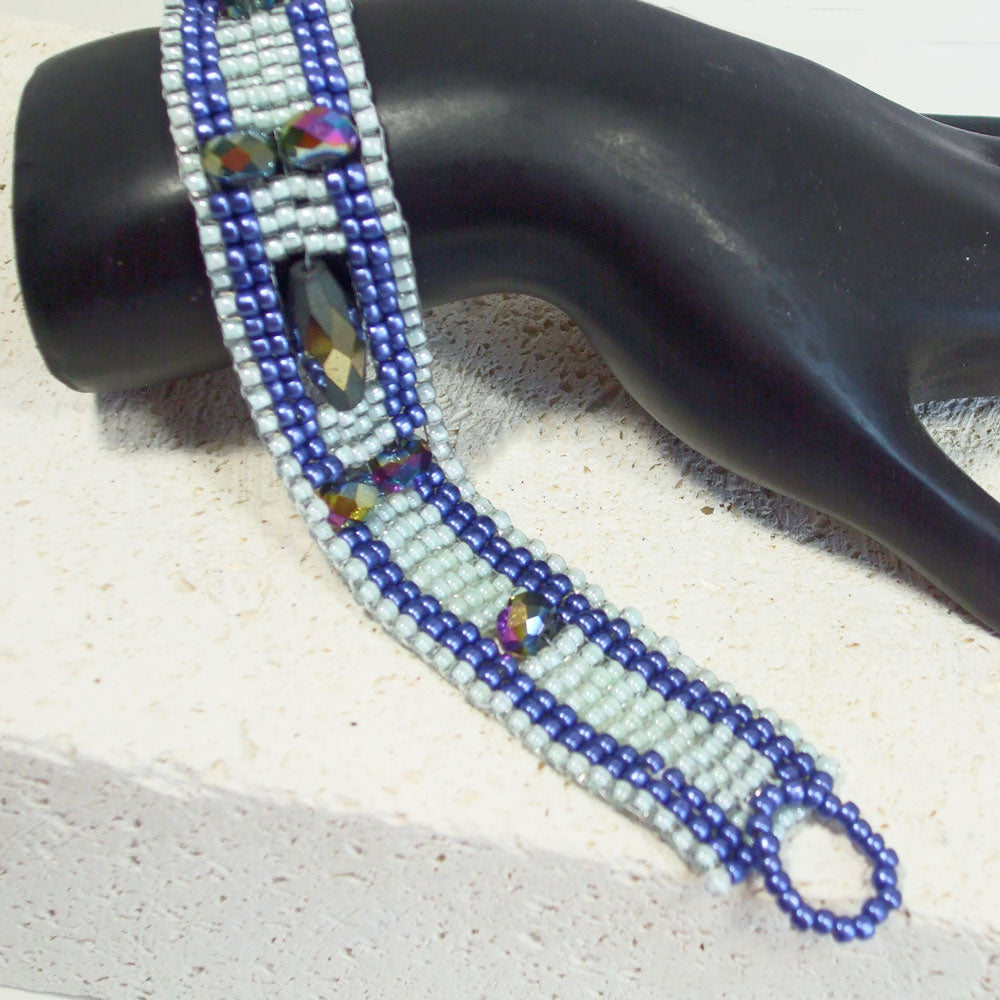 1805-23L   Edvina  Blue Loom Woven Seed Bead Bracelet   