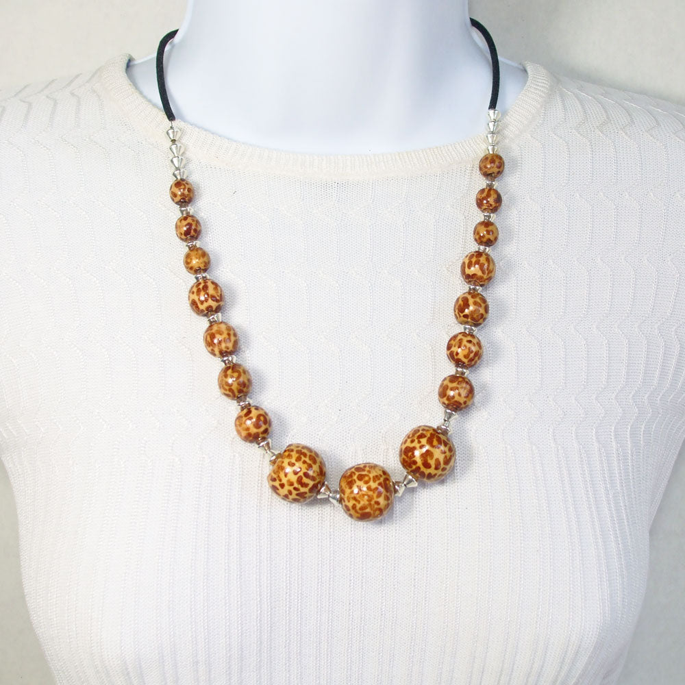 3056-23N   Geena, Leopard Colored Beads Single Strand Necklace   