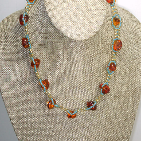 Jewelry by Sande Gene / Amber and Turquoise Necklace front view