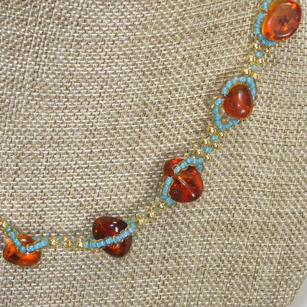 Jewelry by Sande Gene / Amber and Turquoise Necklace front view