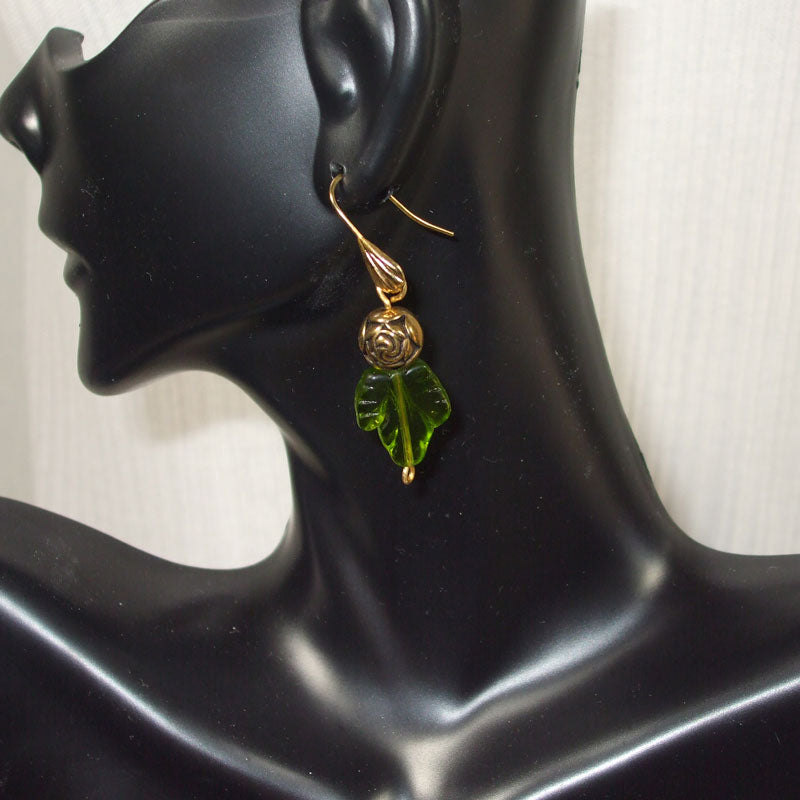 Zaira Green Glass Leaf Earrings relevant fromt view