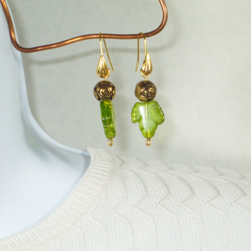 Zaira Green Glass Leaf Earrings relevant fromt view